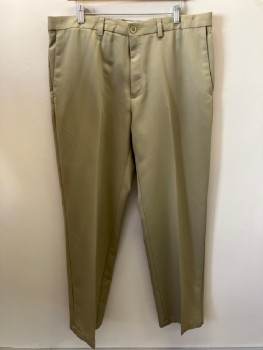 HAGGAR, Khaki Brown, Polyester, Solid, Flat Front,  Zip Front, 4 Pockets,
