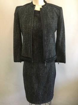 ELIE TAHARI, Black, Charcoal Gray, White, Polyester, Acrylic, Heathered, Color Blocking, Charcoal with White Specks, Solid Black Sides and Back, Sleeveless, Bateau/Boat Neck, Sheath, Knee Length, Fuchsia Satin Lining, Zipper at Center Back