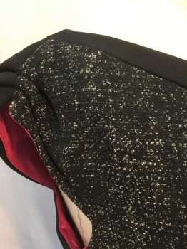 ELIE TAHARI, Black, Charcoal Gray, White, Polyester, Acrylic, Heathered, Color Blocking, Charcoal with White Specks, Solid Black Sides and Back, Sleeveless, Bateau/Boat Neck, Sheath, Knee Length, Fuchsia Satin Lining, Zipper at Center Back