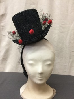Womens, Hat , N/L, Black, Red, Polyester, Dots, Mylar Sequin Fabric Over Tiny Top Hat Form, Wide Elastic Headband, Black Net with Red Pom Pom and Rhinestones