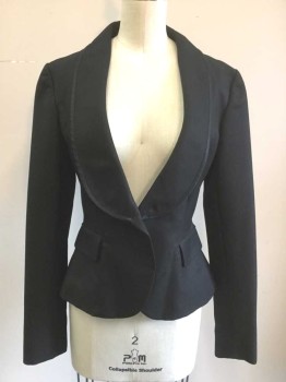 VALENTINO, Black, Wool, Silk, Pique, Shawl Lapel, 1 Button, 2 Pockets, Satin Edging/Trim on Lapel and Pockets, Fitted, Black Silk Lining