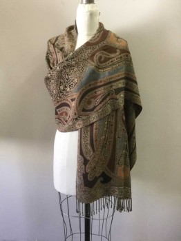 Dk Brown, Lt Brown, Gray, Wool, Synthetic, Paisley/Swirls, Womens Shawl, with Fringe,