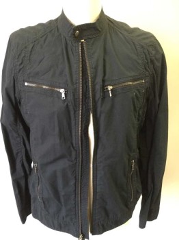 CALVIN KLEIN, Black, Cotton, Solid, Zipper Front, Band Collar with Snap Closure, 4 Zipper Pockets