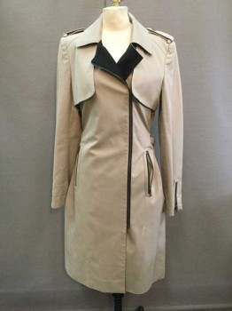 HOBBS, Khaki Brown, Black, Cotton, Spandex, Solid, Trenchcoat, Off Center Zip Front, Zip Pockets, Top Flap, Long Sleeves, Collar Attached, Epaulets, with Belt, Interior