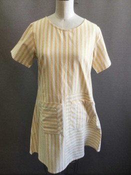 SAMANTHA PLEET, Goldenrod Yellow, Off White, Cotton, Stripes - Vertical , Honey Yellow and Off White Vertical Stripe, Short Sleeves, Shift Dress, Round Neck,  2 Patch Pockets, Hem Above Knee