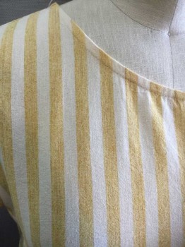 SAMANTHA PLEET, Goldenrod Yellow, Off White, Cotton, Stripes - Vertical , Honey Yellow and Off White Vertical Stripe, Short Sleeves, Shift Dress, Round Neck,  2 Patch Pockets, Hem Above Knee