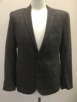 TODD SNYDER, Brown, Dk Brown, Black, Wool, Plaid, Single Breasted, Collar Attached, Notched Lapel, 3 Pockets, 2 Buttons,