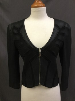 BEBE, Black, Synthetic, Faux Suede with Fishnet Panels. V. Neck, Silver Zipper Front, 3/4 Sleeves