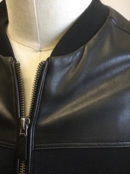 BOSS, Black, Cotton, Leather, Solid, Zip Front, Leather Panel at Shoulders, 2 Pockets, Rib Knit at Neck, Cuffs, & Waist