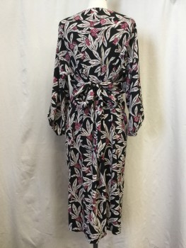 ISABEL MARANT, Black, White, Hot Pink, Synthetic, Floral, Wide Neck, Self Tie Waist,