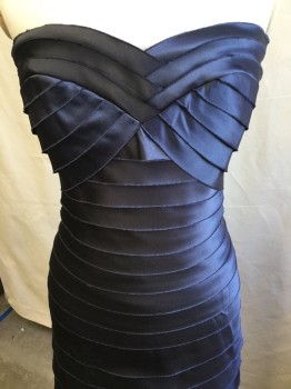 BCBG, Dk Gray, Polyester, Spandex, Solid, Horizontal Bandage-like, Braided Work at Cleavage, Strapless, Black Fine Net Lining,  Zip Back,