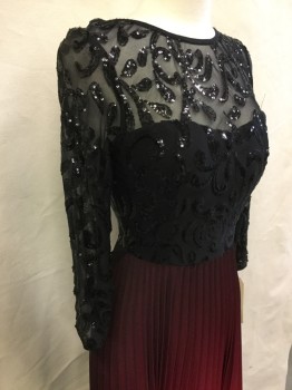 MARIA CHRISTINA, Black, Red, Polyester, Sequins, Floral, Ombre, Round Neck, 3/4 Sleeves, V-back, Sheer Yoke and Sleeves, Back Zipper, Floor Length Sun-ray Pleated Skirt, Belt Loops, NO BELT