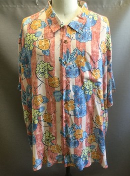 TOMMY BAHAMA, Multi-color, Coral Orange, Peach Orange, Blue, Lt Yellow, Silk, Hawaiian Print, Stripes - Vertical , Coral and Peach Vertical Stripes with Shades of Blue, Orange and Light Yellow Hibiscus Flowers, Tropical Leaves, Etc, Short Sleeve Button Front, Collar Attached, 1 Patch Pocket