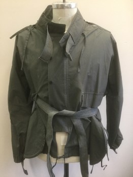 Unisex, Sci-Fi/Fantasy Jacket, N/L, Gray, Cotton, Solid, L, Zip and Snap Front, Unusual/Tilted Pockets at Hips, Lightly Aged Throughout, Stand Collar, Gray Webbed Straps at Cuffs,**Comes with Detachable Hood and Gray Webbed Belt
