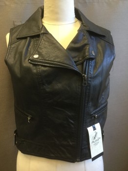Womens, Leather Vest, AMERICAN RAG, Black, Polyester, Faux Leather, Solid, XL, Peaked Lapel, Asymmetrical Zipper, Zip Pockets, Side Buckle Strap