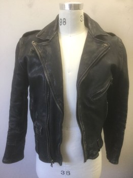 N/L, Black, Leather, Solid, Faded, Aged/Faded Leather, Biker Jacket, Zip Front, Epaulettes at Shoulders, 4 Pockets, Lining is Brown/Black Tiny Check Pattern