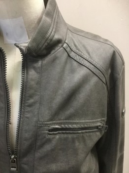 CALVIN KLEIN, Lt Gray, Polyurethane, Zip Front, Zipper Pockets, Knit Collar/Cuffs/Waistband, Perforated Trim on Sleeves and Shoulders, Faux Leather
