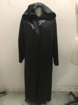 Mens, Robe, MTO, Black, Polyester, Solid, L, Reversible Hooded Robe, Shiny One Side, Matte the Other,  Snap at Neck, Belt Loops, MATCHING BELT, 2 Patch Pocket, Barcode in Pocket