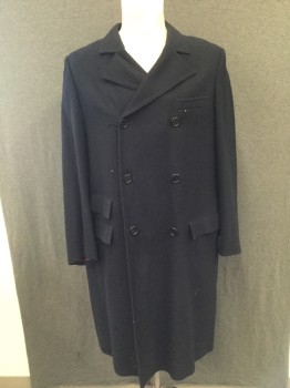 Mens, Coat 1890s-1910s, N/L, Navy Blue, Wool, Solid, 48, Mens Middle Upper Class Coat. Double Breasted, 1 Welt Pocket, 3 Pockets with Flaps, Slit Center Back, 2 Button Detail at Cuffs. Small Visible Hole at Welt Pocket,
