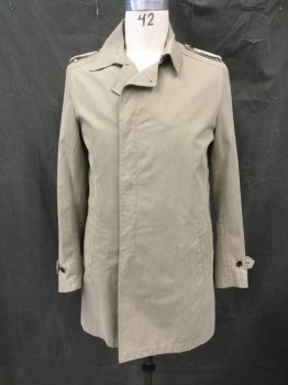 THEORY, Khaki Brown, Cotton, Polyurethane, Solid, Double Breasted, Hidden Placket, Collar Attached, Epaulets, 2 Pockets, Long Sleeves, Button Tab Cuffs, Belt Loops, *Missing Belt*