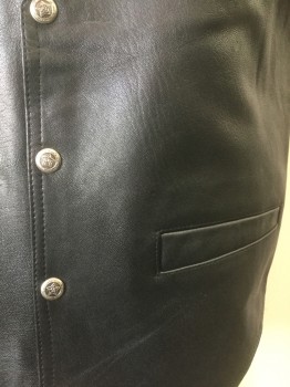 PARAGRAFF, Black, Leather, Rayon, Solid, Snap Front, 2 Welt Pocket, Shiny Back with Adjustable Belt