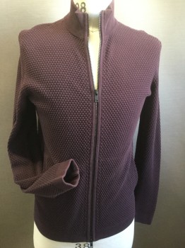 THEORY, Maroon Red, Cotton, Solid, Zip Front, Texture Knit, Mock Turtle Neck,  2 Pockets,