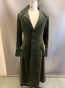Mens, Historical Fiction Coat, ERIC WINTERLING, Dk Olive Grn, Cotton, Polyester, Solid, Herringbone, C38, 5 Button Frock Coat, Velveteen with Jacquard Novelty Collar, 2 Pocket Flaps, Jacquard Detail at Cuffs