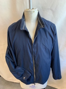 ST. JOHNS BAY, Navy Blue, White, Brown, Polyester, Nylon, Solid, Collar Attached W/ Knit Navy with White/brown Horizontal Stripes Inside, Zip Front, 2 Pockets, Long Sleeves, Perforated Navy Lining