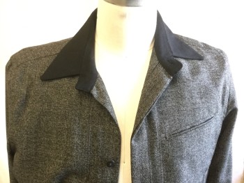 FACONNABLE, Black, Gray, Wool, 2 Color Weave, Solid Black Collar, 3 Pockets, 6 Buttons, Pleated Cuffs,  Elastic Waist on Back