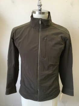 KUHL, Moss Green, Brown, Polyester, Nylon, Solid, Poly, Nylon Spandex, Zip Front, Stand Collar, 3 Zipper Pockets, Zipper Cuffs, Mossy Brown