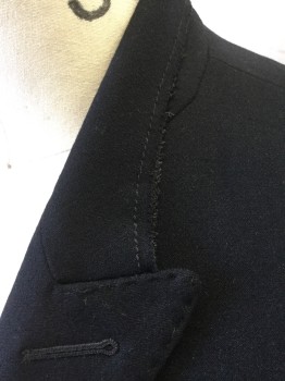 LANVIN, Navy Blue, Wool, Elastane, Solid, Single Breasted, 3 Button Front, 2 Pockets, Raw Edge Detail on Collar, peak Collar,back Vent, Grey Strip of Fabric at Hem,Partial Lining