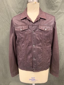 7 FOR ALL MANKIND, Red Burgundy, Cotton, Solid, Coated, Button Front, Collar Attached, 4 Pockets, Long Sleeves, Button Cuff, Button Tabs at Back Waist