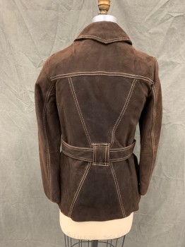 Womens, Leather Jacket, N/L, Dk Brown, Leather, Solid, B 34, Suede, Cream Stitching, Snap Front, Oversized Collar, Western Yoke, 2 Pockets, Large Belt Loops, Self Belt, Long Sleeves, Zip Out Vest Fleece Lining,