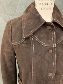 Womens, Leather Jacket, N/L, Dk Brown, Leather, Solid, B 34, Suede, Cream Stitching, Snap Front, Oversized Collar, Western Yoke, 2 Pockets, Large Belt Loops, Self Belt, Long Sleeves, Zip Out Vest Fleece Lining,