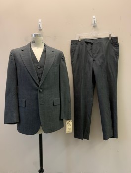 SOUSA & LEFKOVITS, Heather Gray, White, Wool, Stripes - Pin, Notched Lapel, Collar Attached, 2 Buttons,  3 Pockets, Late 70s Early 80s
