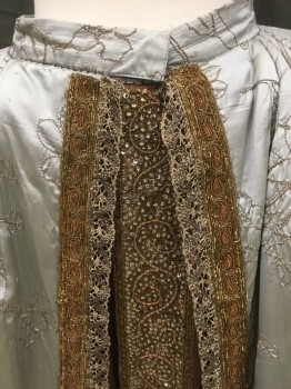 MTO, Blue-Gray, Brown, Gold, Copper Metallic, Silk, Light Blue Gray Silk with Brown Floral Embroidery, Cartridge Pleating, 1 1/4" Waistband, 2 Snaps Front Closure, Dark Brown Silk Under Layer Front, Vertical Embroidery and Pleated Center Front Panel, Gold Filigree Trim, Gold/Copper Ribbon Paisley Trim, 3 External French Seam Detail Near Hem, Hook & Eyes at Waist Back to Connect to Bodice ** Dirty Hem ** (Photographed with Bum Roll and Extra Side Padding, Not Included)