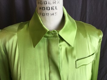 MATERIEL, Lime Green, Lime Green, Silk, Solid, Collar Attached, Hidden Clear Button Front, 1  Faux Diagonal Pocket, Long Sleeves with Belt Hoops and Detachable Self Short Belt @ Hem (on Both Side), Drop Waist,self Matching  1.5" Detachable Waist Belt with Circle Rhinestones Buckle, Uneven Jagged Edge Hem