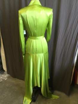 MATERIEL, Lime Green, Lime Green, Silk, Solid, Collar Attached, Hidden Clear Button Front, 1  Faux Diagonal Pocket, Long Sleeves with Belt Hoops and Detachable Self Short Belt @ Hem (on Both Side), Drop Waist,self Matching  1.5" Detachable Waist Belt with Circle Rhinestones Buckle, Uneven Jagged Edge Hem