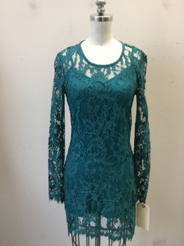 FOR LOVE & LEMONS, Teal Green, Nylon, Spandex, Solid, Long Sleeves, Teal Green Lace Over layer, Back Zipper, Spandex Spaghetti Strap Body Contour Dress Underlayer Tacked to Outer Dress at Shoulders