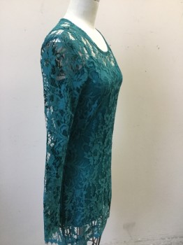 FOR LOVE & LEMONS, Teal Green, Nylon, Spandex, Solid, Long Sleeves, Teal Green Lace Over layer, Back Zipper, Spandex Spaghetti Strap Body Contour Dress Underlayer Tacked to Outer Dress at Shoulders