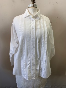 Womens, Blouse, DVF, White, Cotton, Solid, B 56, 3X, Long Sleeves, Button Front, Collar Attached, Pleated Center Front,