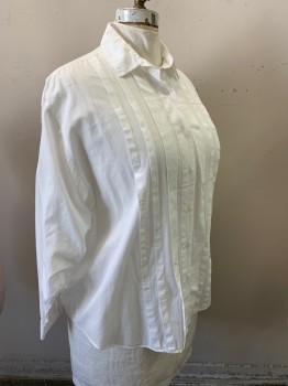 Womens, Blouse, DVF, White, Cotton, Solid, B 56, 3X, Long Sleeves, Button Front, Collar Attached, Pleated Center Front,