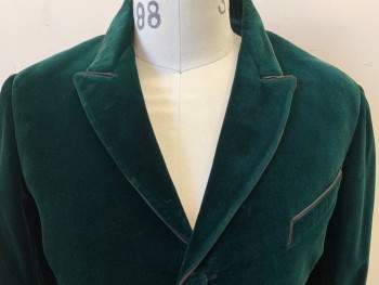 Mens, Historical Fiction Jacket, N/L, Dk Green, Rayon, Cotton, Solid, 38R, Late 1800s, Velvet, Dark Gray Cording on Peaked Lapel, 4 Pockets, & Cuffs, 3 Fabric Covered Buttons, Center Back Vent, Made To Order, Smoking Jacket