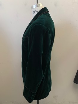 Mens, Historical Fiction Jacket, N/L, Dk Green, Rayon, Cotton, Solid, 38R, Late 1800s, Velvet, Dark Gray Cording on Peaked Lapel, 4 Pockets, & Cuffs, 3 Fabric Covered Buttons, Center Back Vent, Made To Order, Smoking Jacket