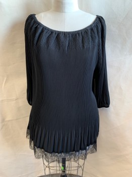 Womens, Cocktail Dress, NL, Black, Polyester, 1XL, Boat Neckline, Elastic Neckline, Accordion Pleat, Long Sleeves, Gathered at Sleeves, Lace Trim