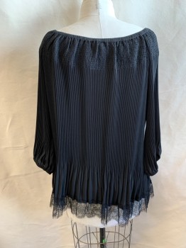Womens, Cocktail Dress, NL, Black, Polyester, 1XL, Boat Neckline, Elastic Neckline, Accordion Pleat, Long Sleeves, Gathered at Sleeves, Lace Trim