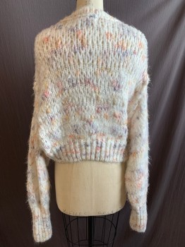 Womens, Sweater, KIMCHI BLOE, White, Peach Orange, Purple, Yellow, Acrylic, Polyester, Speckled, XS, V-neck, 3 Buttons, Long Sleeves, Cropped