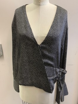 Womens, Blouse, ZARA, Black, Ivory White, Polyester, Polka Dots, XL, Long Sleeves, Surplice Neckline That Ties at Left Hip, Longer in Back