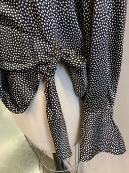 Womens, Blouse, ZARA, Black, Ivory White, Polyester, Polka Dots, XL, Long Sleeves, Surplice Neckline That Ties at Left Hip, Longer in Back