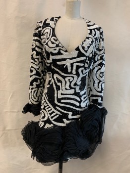 Womens, Cocktail Dress, RUBEN PANIS, Black, White, Sequins, Swirl , W 26, B 34, V-neck, Long Sleeves, Tiered Wired Ruffle Cuff, Asymmetrical Tiered Wired Ruffle Hem *Zipper Starting to Pull Away From Dress